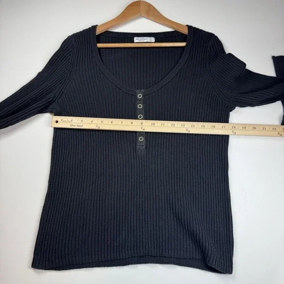Vintage Y2K 90s Ribbed Henley Women 2X Black Knit Top Snap Front Fitted Scoop - Picture 4 of 8